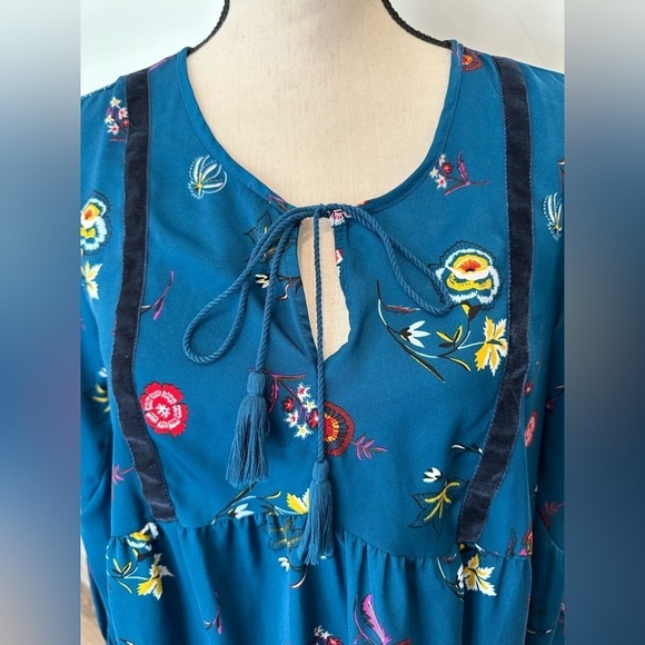 Old Navy Turquoise MIDI Dress Long Sleeve Floral Pattern  Velvet Trim SZ M - Picture 2 of 7